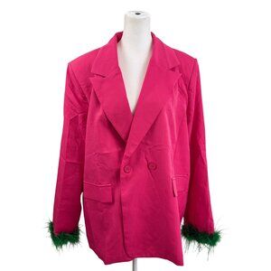 NWT PrettyLittleThing Hot Pink Oversized Blazer with Green Feather Cuffs